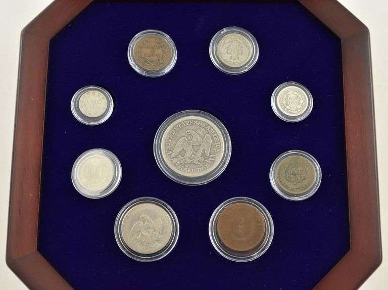 Lot (9) 1853-1865 Civil War Era U.S. Coins Collection Display Box