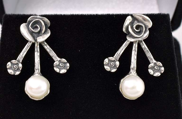 Rose Stud Earring With Pearl Dangle Enhancement In Sterling Silver