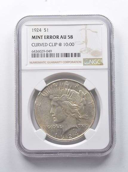 MINT ERROR AU58 1924 Peace Silver Dollar Curved Clip @ 10:00 NGC