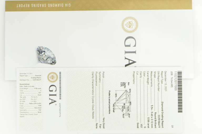 GIA 0.58 Ct Round Brilliant Cut G Color VS1 Clarity Diamond