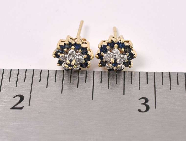 Shimmering Blue Sapphire Flower Earrings In 14K Yellow Gold