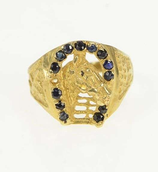 14K Yellow Gold Sapphire Horse Shoe Equestrian Polo Vintage Ring