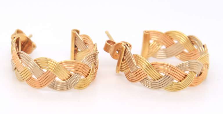 Handsome 18kt Tri Color Gold Hoop Earrings