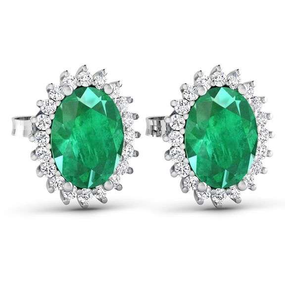 Solid 14 Kt White Gold Emerald & Diamond Earrings