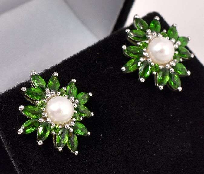 Pearl And Emerald Earrings In Sterling Silver