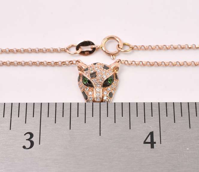 Tsavorite Garnet And Diamond Jaguar Head Pendant In 14K Rose Gold