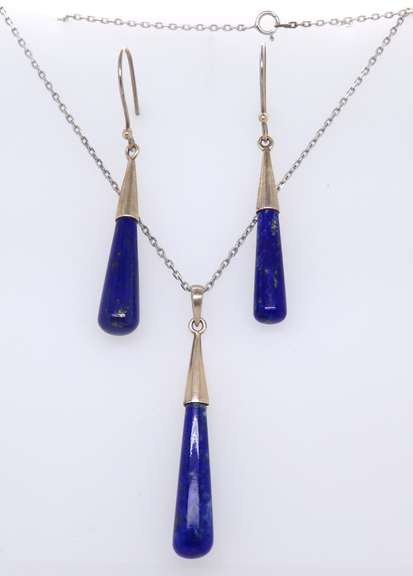 Set of Vintage 925 Sterling Silver Lapis Necklace and Dangle Earrings