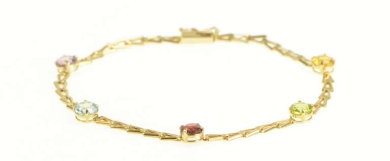14K Yellow Gold Amethyst Topaz Citrine Triangle Link Chain Bracelet