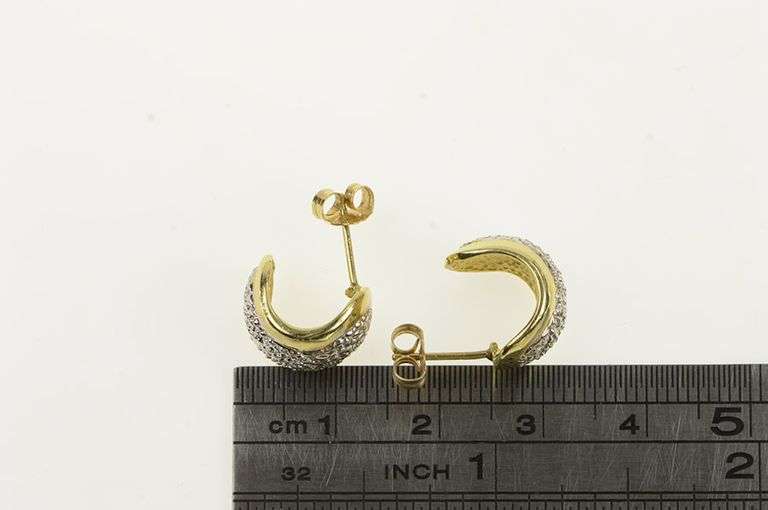 14K Yellow Gold Pave Diamond Huggies Semi Hoop Statement Earrings