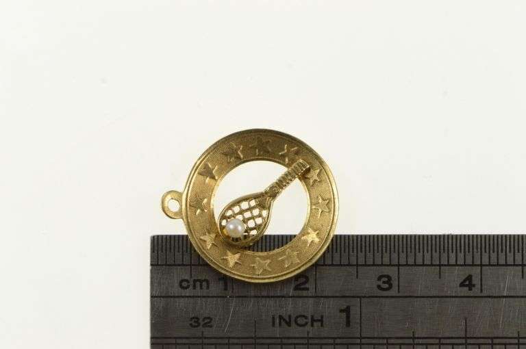 14K Yellow Gold Tennis Racket Pearl Accent 1960's Sports Charm/Pendant