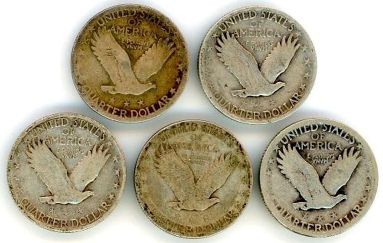 Five Different Silver Standing Liberty Quarters: 1926-1929