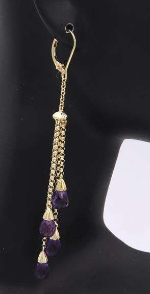 Wonderful Yellow Gold Amethyst Dangle Earrings