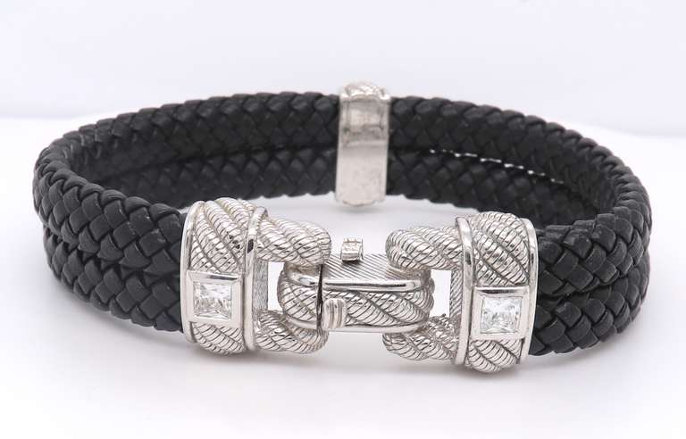 Judith Ripka Cubic Zirconia 925 Sterling Silver Black Rubber Bracelet