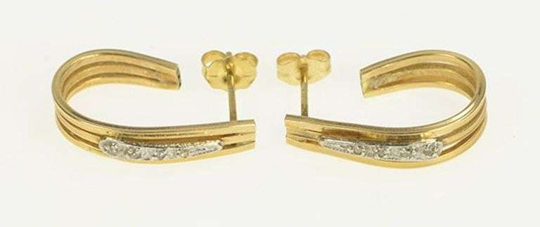14K Yellow Gold Ornate Diamond Oval Semi Hoop Vintage Earrings