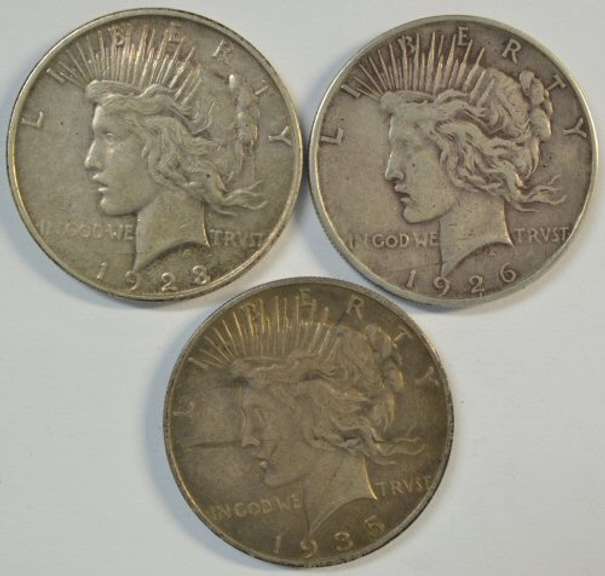 3 Better date Peace Silver Dollars: 1923-D, 1926-D, & 1935-S
