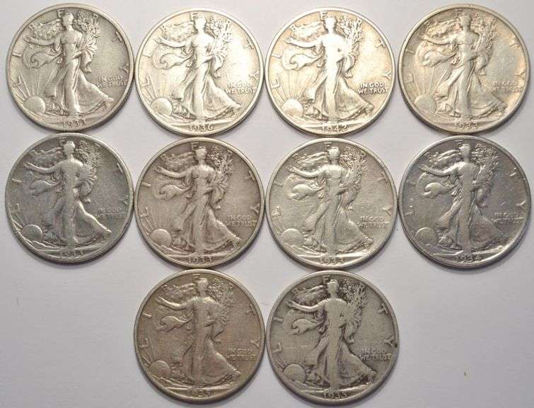 Lot Of 10 Walking Liberty Half Dollars Circulated