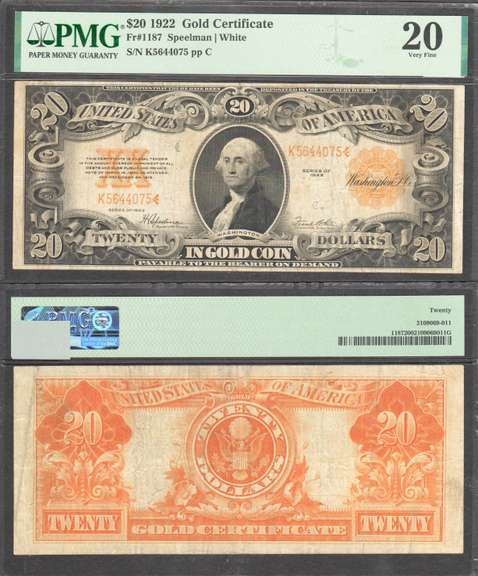 $20 1922 Gold Certificate Fr. 1187 PMG 20
