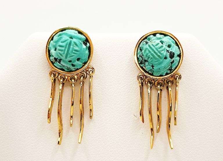 Vintage Etched Turquoise Sun Earrings in 18k Yellow Gold