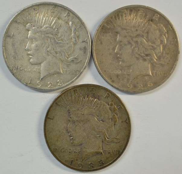3 Better date Peace Silver Dollars: 1923-D, 1926-D, & 1935-S
