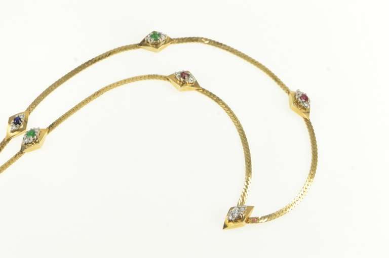 14K Yellow Gold 0.35 Ctw Diamond Sapphire Ruby Herringbone Necklace