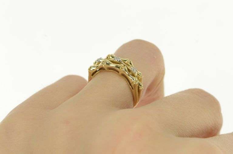 14K Yellow Gold Diamond Inset Vintage Bamboo Pattern Tiered Ring