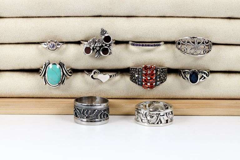Sterling Silver Curated Ring Assortment Various Sizes & Styles (10 Ring Lot)