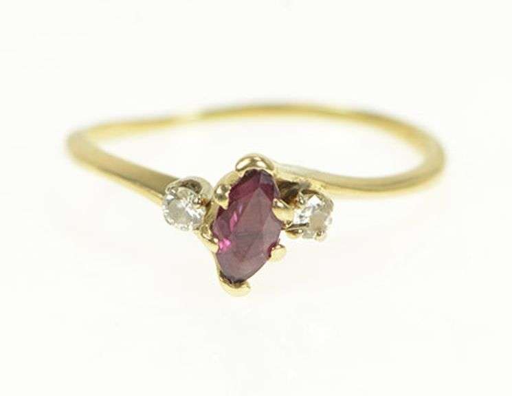 14K Yellow Gold Marquise Natural Ruby Diamond Accent Vintage Ring