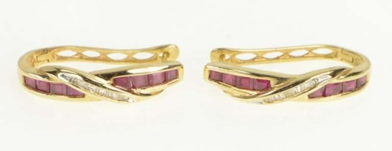 10K Yellow Gold 2.20 Ctw Natural Ruby Diamond Oval Hoop Earrings