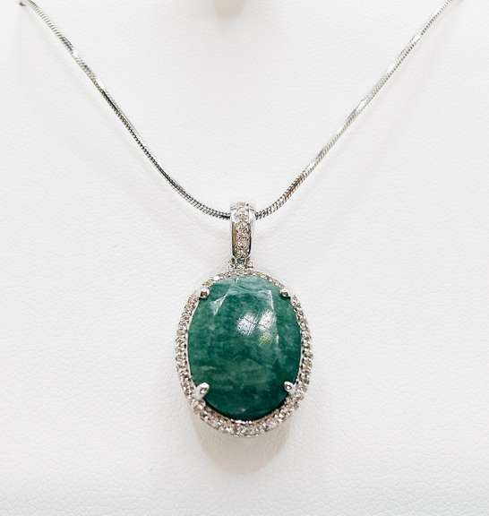 Beautiful 10.0 Carat Emerald and White Sapphire Pendant Necklace in Sterling Sliver