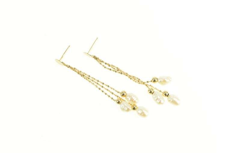 14K Yellow Gold Retro Pearl Fringe Dangle Tassel Statement Earrings