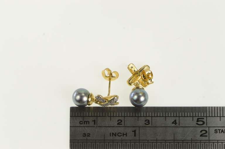 14K Yellow Gold Grey Pearl Diamond X Criss Cross Dangle Earrings
