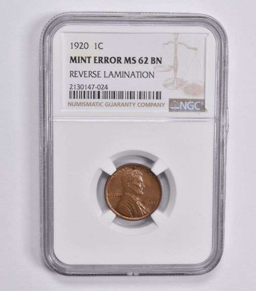 Mint Error MS62 BN 1920 Lincoln Wheat Cent Reverse Lamination NGC