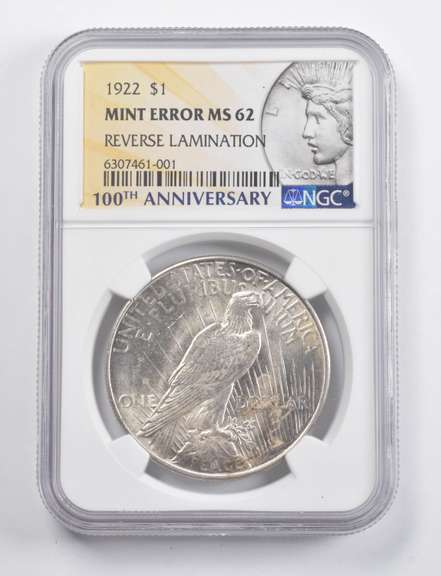 Mint Error MS62 1922 Peace Silver Dollar REV Lamination 100th NGC