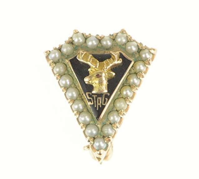 10K Yellow Gold Victorian Seed Pearl Stag Enamel Lapel Pin/Brooch