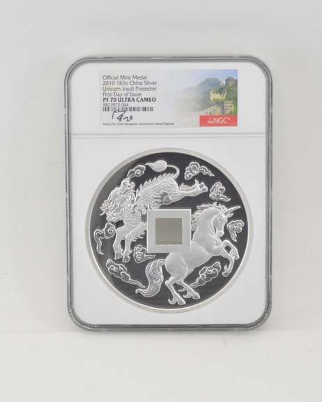 PF70UCAM 2019 China Unicorn Vault Medal 1kg Silver FDOI Sign NGC COA