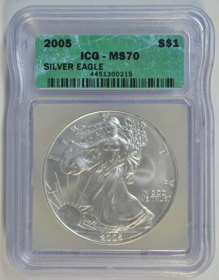 Perfect Better Date 2005 $1 Silver Eagle coin. ICG MS70