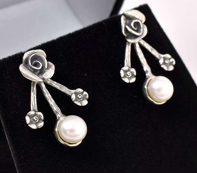 Rose Stud Earring With Pearl Dangle Enhancement In Sterling Silver