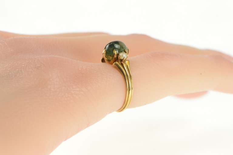 14K Yellow Gold Oval Moss Agate Cabochon Seed Pearl Ring