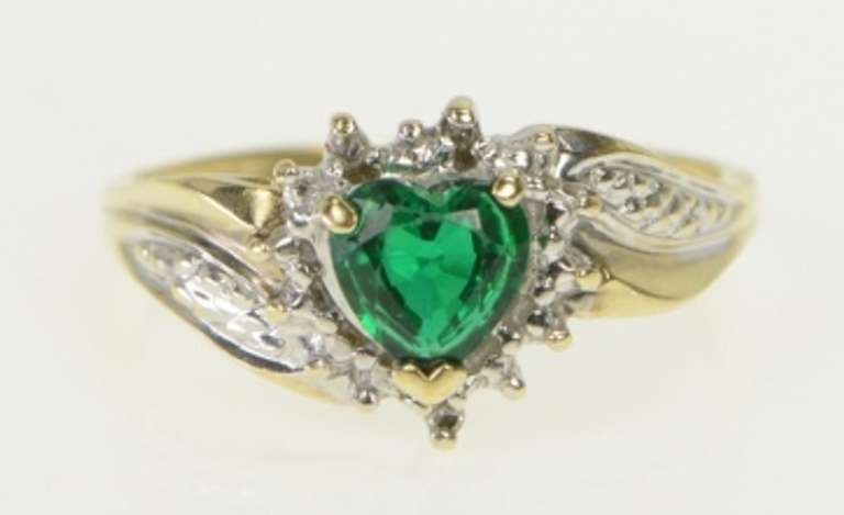 10K Yellow Gold Heart Syn. Emerald Diamond Halo Bypass Ring