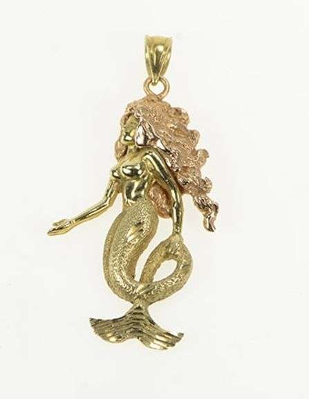 14K Yellow Gold Two Tone Mermaid Mystical Ocean Siren Pendant