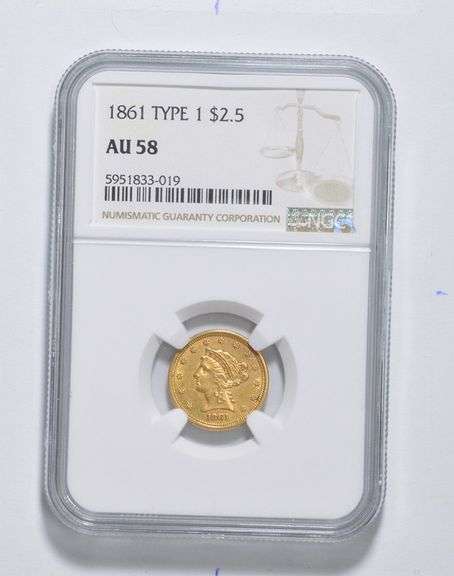 AU58 1861 $2.50 Liberty Head Gold Quarter Eagle - Type 1 - Graded NGC