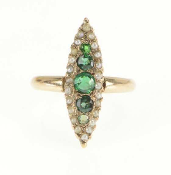 14K Yellow Gold Victorian Marquise Emerald Seed Pearl Navette Ring