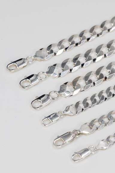 Sterling Silver - Italy Stamped - Super Flat Diamond-Cut Curb Lot - 6 Chains - 6.7mm to 11.2mm Wide - 22 to 30 Inch