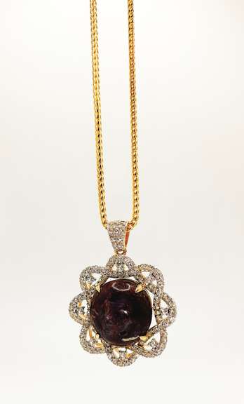 Ravishing 46.00CTS Cabochon-Cut Star Ruby & 3.94CTW White Sapphire Pendant Necklace in Gold Plated Sterling Sliver