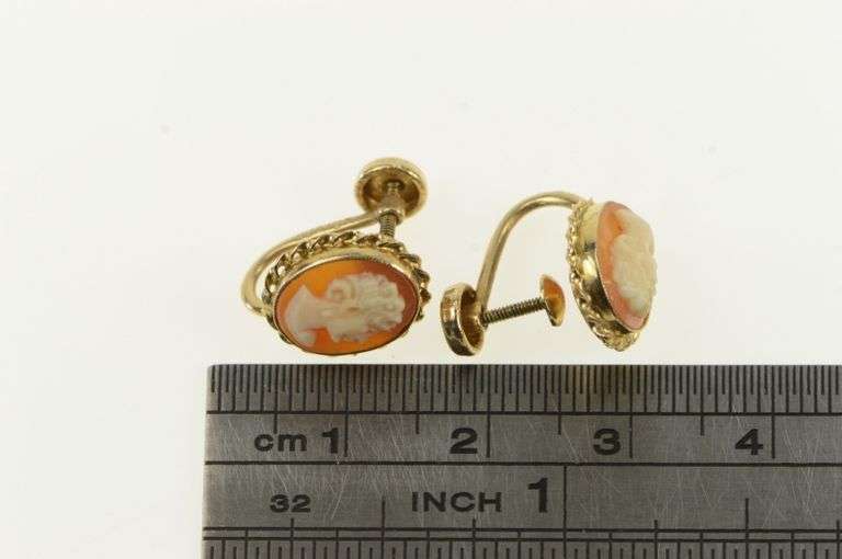 10K Yellow Gold Vintage Carved Shell Cameo Screw Back Earrings