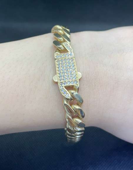 MENS 14K YELLOW MONACO LINK BRACELET WITH PAVÉ CZ LOCK 8"