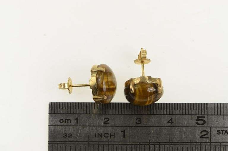 14K Yellow Gold 1960's Oval Tiger's Eye Ornate Stud Earrings