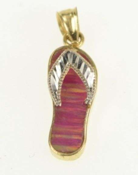 14K Yellow Gold Pink Sim. Opal Inlay Two Tone Flip Flop Charm/Pendant