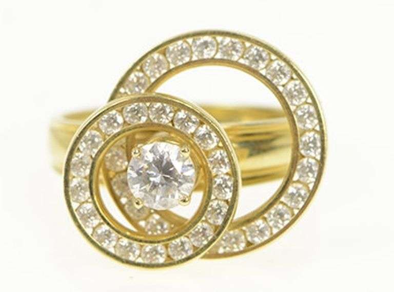 14K Yellow Gold Round Spinner Busy CZ Sparkly Statement Ring