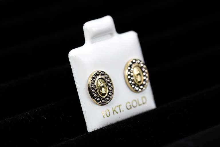 10k Yellow Gold White Round Halo Virgin Mary Stud Screw Back Earrings